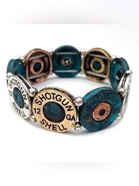 NWT Large Patina 12 GA Shotgun Bullet Shell Stretch Bracelet Metal